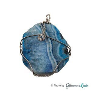 Wire Wrapped Polished Blue Lace Agate Gemstone Silver Tone Pendant